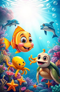 A whimsical underwater scene showcasing a curious cartoon fish with bright colors and large expressive eyes befriending various marine animals