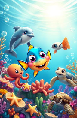 A whimsical underwater scene showcasing a curious cartoon fish with bright colors and large expressive eyes befriending various marine animals