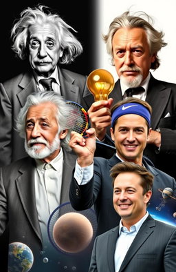A collage of inspiring figures: Albert Einstein with his iconic wild hair and thoughtful expression, wearing a classic suit; Thomas Alva Edison in a vintage suit with a light bulb in hand, showcasing his inventive spirit; Rafael Nadal in a dynamic tennis pose, wearing his signature sportswear and sweatband, exuding determination; Elon Musk with a confident smile, dressed in a sleek blazer, set against a backdrop of space technology and futuristic ideas