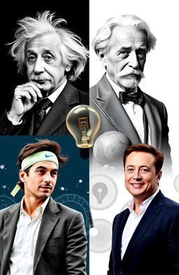 A collage of inspiring figures: Albert Einstein with his iconic wild hair and thoughtful expression, wearing a classic suit; Thomas Alva Edison in a vintage suit with a light bulb in hand, showcasing his inventive spirit; Rafael Nadal in a dynamic tennis pose, wearing his signature sportswear and sweatband, exuding determination; Elon Musk with a confident smile, dressed in a sleek blazer, set against a backdrop of space technology and futuristic ideas