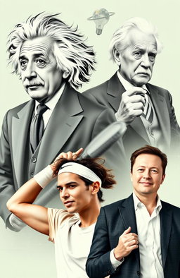 A collage of inspiring figures: Albert Einstein with his iconic wild hair and thoughtful expression, wearing a classic suit; Thomas Alva Edison in a vintage suit with a light bulb in hand, showcasing his inventive spirit; Rafael Nadal in a dynamic tennis pose, wearing his signature sportswear and sweatband, exuding determination; Elon Musk with a confident smile, dressed in a sleek blazer, set against a backdrop of space technology and futuristic ideas