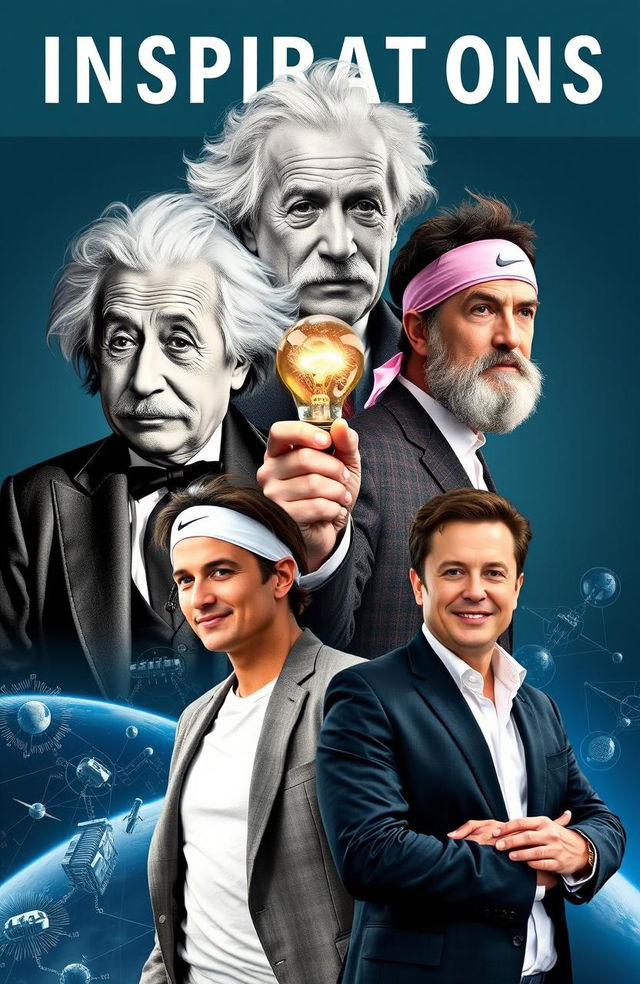 A collage of inspiring figures: Albert Einstein with his iconic wild hair and thoughtful expression, wearing a classic suit; Thomas Alva Edison in a vintage suit with a light bulb in hand, showcasing his inventive spirit; Rafael Nadal in a dynamic tennis pose, wearing his signature sportswear and sweatband, exuding determination; Elon Musk with a confident smile, dressed in a sleek blazer, set against a backdrop of space technology and futuristic ideas