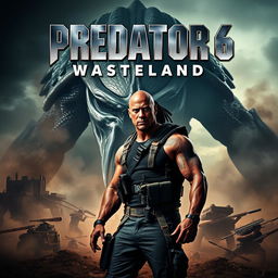 A thrilling teaser poster for 'PREDATOR 6: Wasteland' featuring Dwayne Johnson as a rugged hero standing confidently in a desolate, post-apocalyptic wasteland