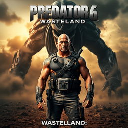 A thrilling teaser poster for 'PREDATOR 6: Wasteland' featuring Dwayne Johnson as a rugged hero standing confidently in a desolate, post-apocalyptic wasteland