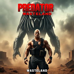 A thrilling teaser poster for 'PREDATOR 6: Wasteland' featuring Dwayne Johnson as a rugged hero standing confidently in a desolate, post-apocalyptic wasteland