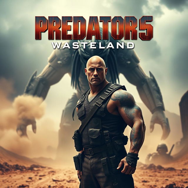 A thrilling teaser poster for 'PREDATOR 6: Wasteland' featuring Dwayne Johnson as a rugged hero standing confidently in a desolate, post-apocalyptic wasteland