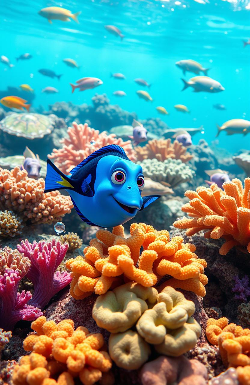 A curious blue fish named Fred, with small yellow spots, exploring a vibrant coral reef