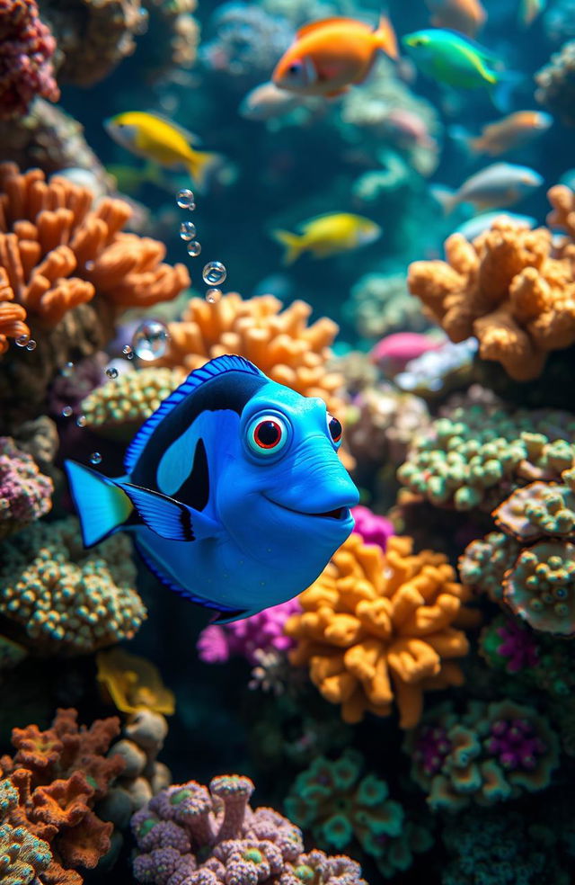 A curious blue fish named Fred, with small yellow spots, exploring a vibrant coral reef