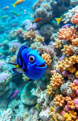 A curious blue fish named Fred, with small yellow spots, exploring a vibrant coral reef