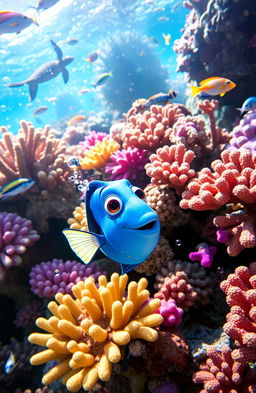 A curious blue fish named Fred, with small yellow spots, exploring a vibrant coral reef