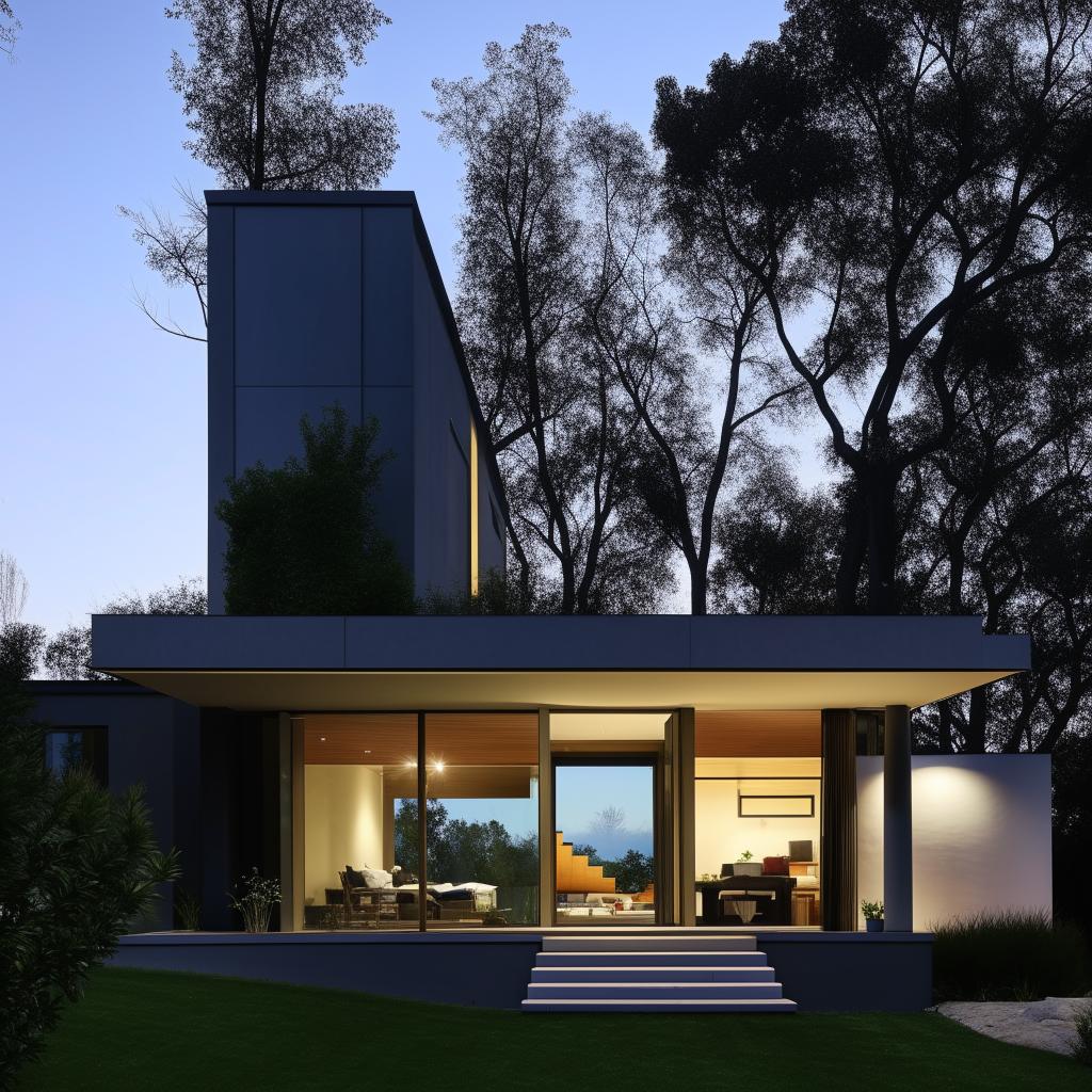 A modern, two-story house with sleek lines, large glass windows, and a minimalist aesthetic.