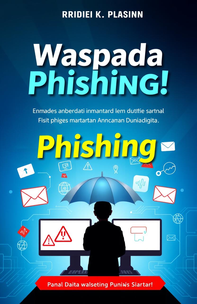 A visually engaging book cover design for "Waspada Phishing! Perlindungan Diri dari Ancaman Dunia Digital"