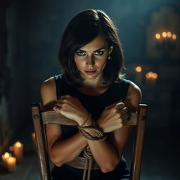 A dramatic scene featuring a woman tied to a chair in a dimly lit room
