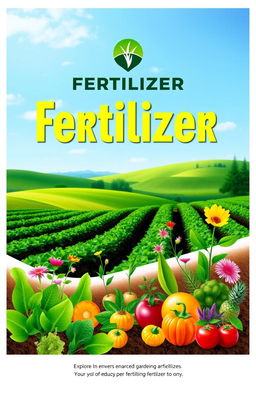 A vibrant and eye-catching cover design for a fertilizer company, showcasing lush green plants and flowers thriving in rich, healthy soil