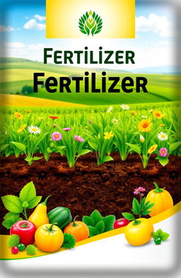 A vibrant and eye-catching cover design for a fertilizer company, showcasing lush green plants and flowers thriving in rich, healthy soil