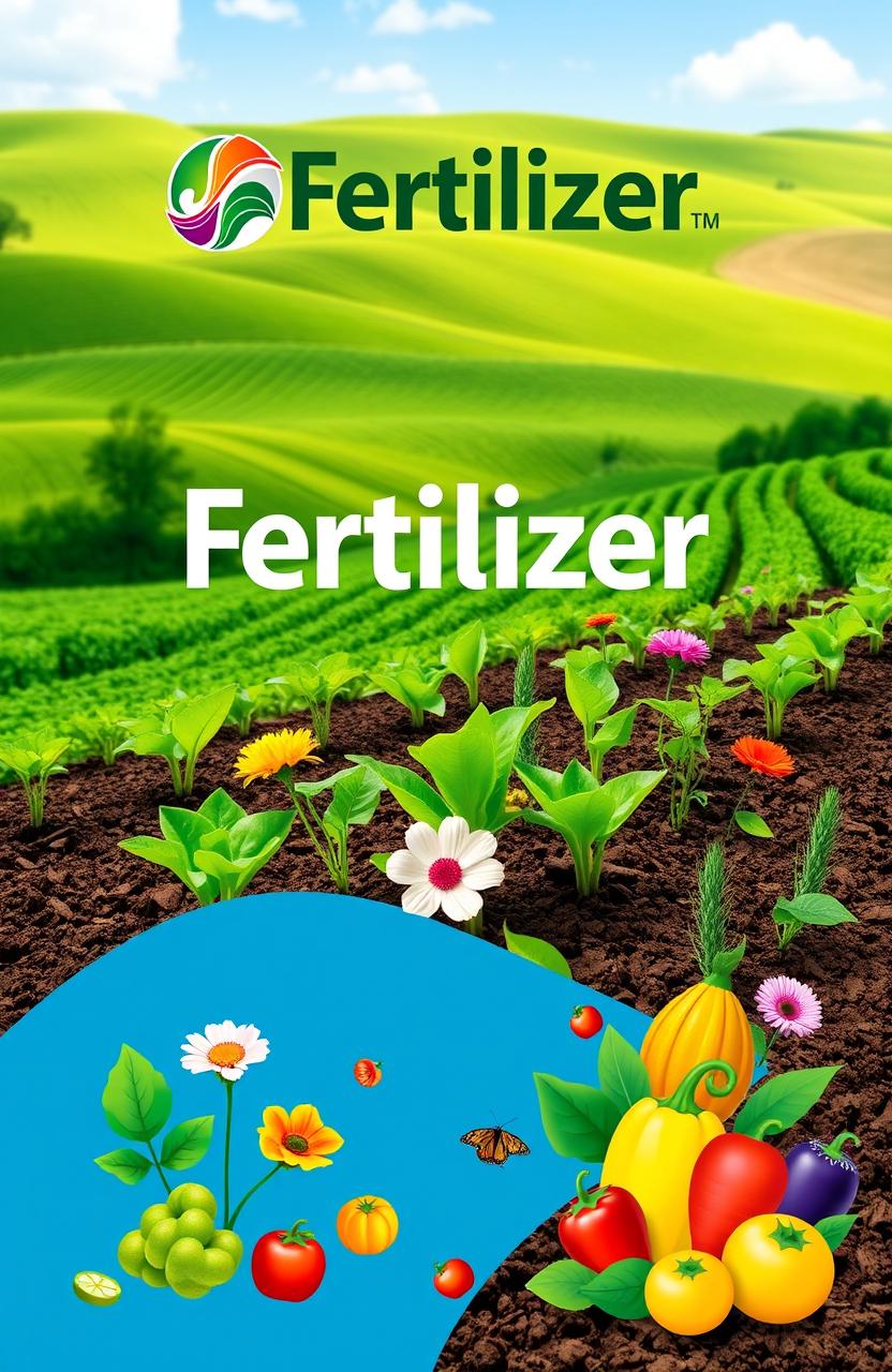 A vibrant and eye-catching cover design for a fertilizer company, showcasing lush green plants and flowers thriving in rich, healthy soil