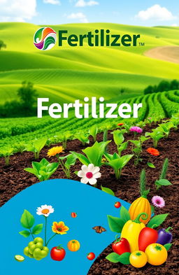 A vibrant and eye-catching cover design for a fertilizer company, showcasing lush green plants and flowers thriving in rich, healthy soil