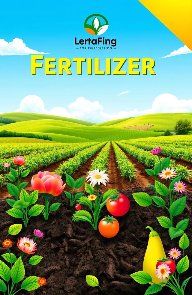 A vibrant and eye-catching cover design for a fertilizer company, showcasing lush green plants and flowers thriving in rich, healthy soil