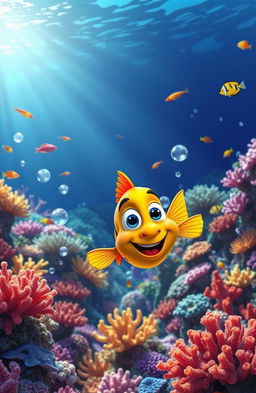 A vibrant underwater scene depicting Fred, a curious cartoonish young fish with bright colors and a playful expression, swimming joyfully through a stunning coral reef
