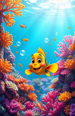 A vibrant underwater scene depicting Fred, a curious cartoonish young fish with bright colors and a playful expression, swimming joyfully through a stunning coral reef