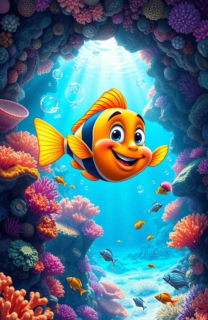 A vibrant underwater scene depicting Fred, a curious cartoonish young fish with bright colors and a playful expression, swimming joyfully through a stunning coral reef