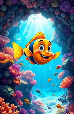 A vibrant underwater scene depicting Fred, a curious cartoonish young fish with bright colors and a playful expression, swimming joyfully through a stunning coral reef