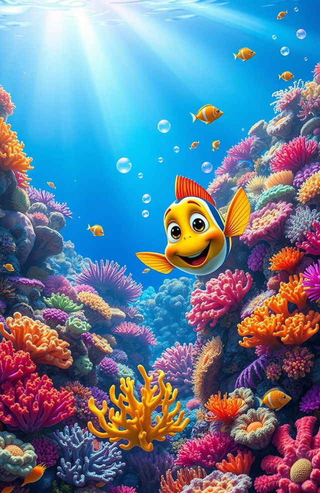 A vibrant underwater scene depicting Fred, a curious cartoonish young fish with bright colors and a playful expression, swimming joyfully through a stunning coral reef