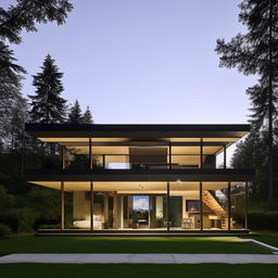 A modern, two-story house with sleek lines, large glass windows, and a minimalist aesthetic.