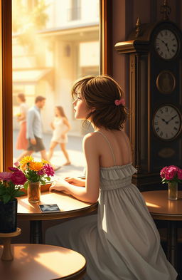 A poignant scene depicting unrequited love, featuring a young woman sitting alone at a café table with a wistful expression, gazing out the window at a passing couple, sunlight streaming through the glass, creating a warm and melancholic atmosphere