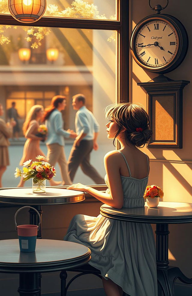 A poignant scene depicting unrequited love, featuring a young woman sitting alone at a café table with a wistful expression, gazing out the window at a passing couple, sunlight streaming through the glass, creating a warm and melancholic atmosphere