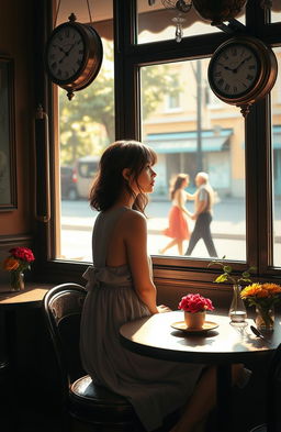 A poignant scene depicting unrequited love, featuring a young woman sitting alone at a café table with a wistful expression, gazing out the window at a passing couple, sunlight streaming through the glass, creating a warm and melancholic atmosphere