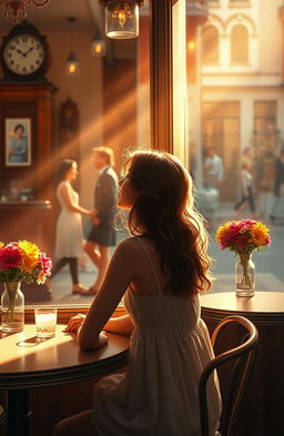 A poignant scene depicting unrequited love, featuring a young woman sitting alone at a café table with a wistful expression, gazing out the window at a passing couple, sunlight streaming through the glass, creating a warm and melancholic atmosphere