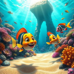 A colorful underwater scene depicting three fish friends curiously exploring a vibrant coral reef