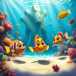 A colorful underwater scene depicting three fish friends curiously exploring a vibrant coral reef