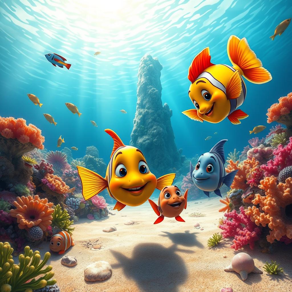 A colorful underwater scene depicting three fish friends curiously exploring a vibrant coral reef