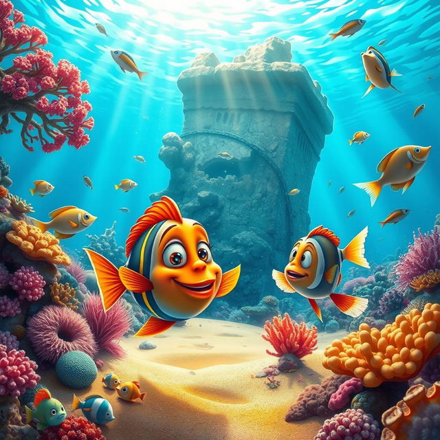 A colorful underwater scene depicting three fish friends curiously exploring a vibrant coral reef