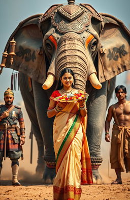 A beautiful young Indian woman wearing traditional attire holds a colorful plate of rituals adorned with flowers and candles, standing gracefully before a massive armoured war elephant