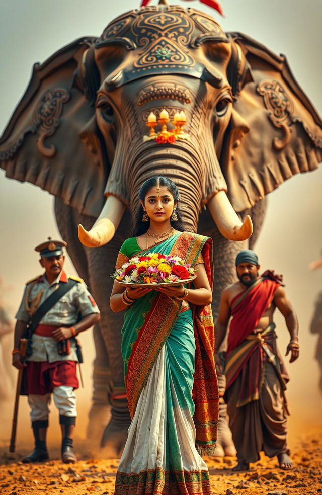 A beautiful young Indian woman wearing traditional attire holds a colorful plate of rituals adorned with flowers and candles, standing gracefully before a massive armoured war elephant