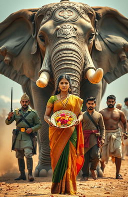 A beautiful young Indian woman wearing traditional attire holds a colorful plate of rituals adorned with flowers and candles, standing gracefully before a massive armoured war elephant