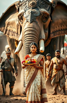 A beautiful young Indian woman wearing traditional attire holds a colorful plate of rituals adorned with flowers and candles, standing gracefully before a massive armoured war elephant