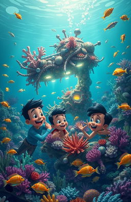 A vibrant underwater scene showing three friends, Fred, Bia, and Samy, excitedly discussing their discovery