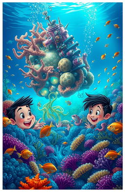 A vibrant underwater scene showing three friends, Fred, Bia, and Samy, excitedly discussing their discovery