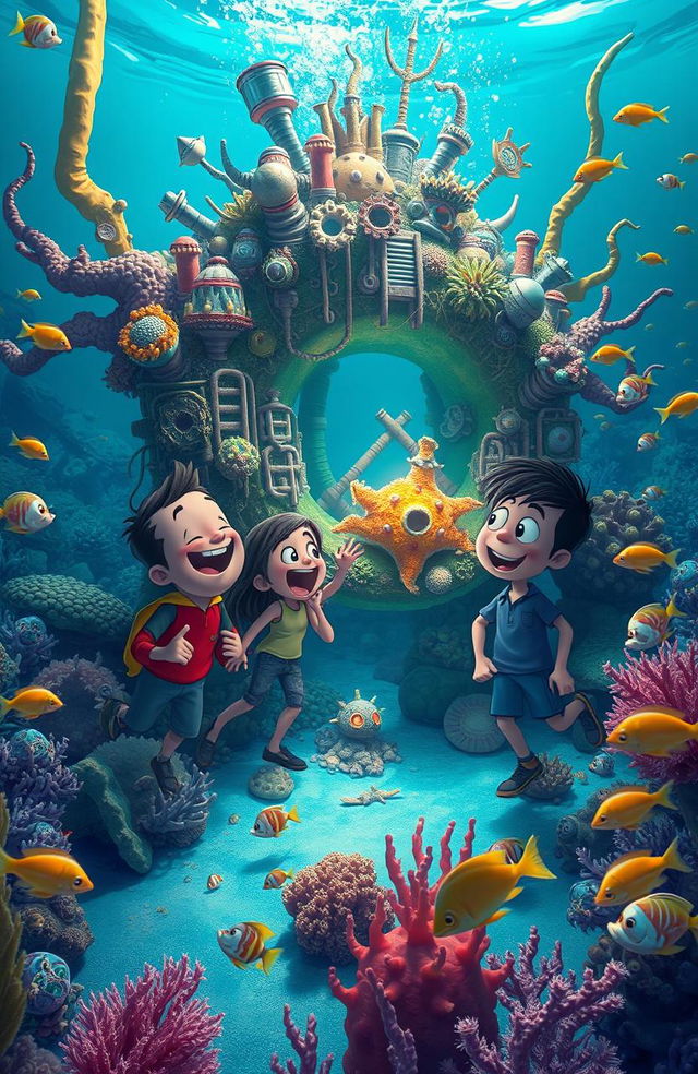 A vibrant underwater scene showing three friends, Fred, Bia, and Samy, excitedly discussing their discovery