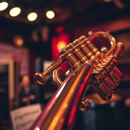 A beautifully detailed close-up of a shiny brass trumpet, showcasing its intricate valves and smooth, polished surface reflecting warm light