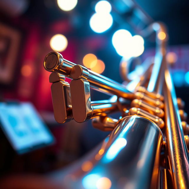 A beautifully detailed close-up of a shiny brass trumpet, showcasing its intricate valves and smooth, polished surface reflecting warm light