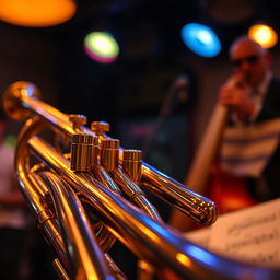 A beautifully detailed close-up of a shiny brass trumpet, showcasing its intricate valves and smooth, polished surface reflecting warm light
