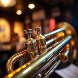 A beautifully detailed close-up of a shiny brass trumpet, showcasing its intricate valves and smooth, polished surface reflecting warm light