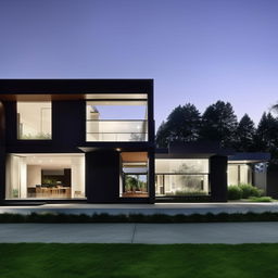 A modern, two-story house with sleek lines, large glass windows, and a minimalist aesthetic.