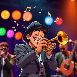 A dynamic and engaging character named Kyle passionately playing a trumpet on stage