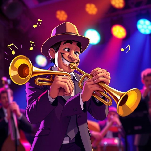 A dynamic and engaging character named Kyle passionately playing a trumpet on stage